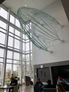 The sculpture, “Organic Dreams Synthetic Means” is located in the atrium of the Advanced Teaching and Research Building. It is made of fiberglass rods that light up to show the process of a seed becoming a plant, which reflects the agricultural focus of the building.
